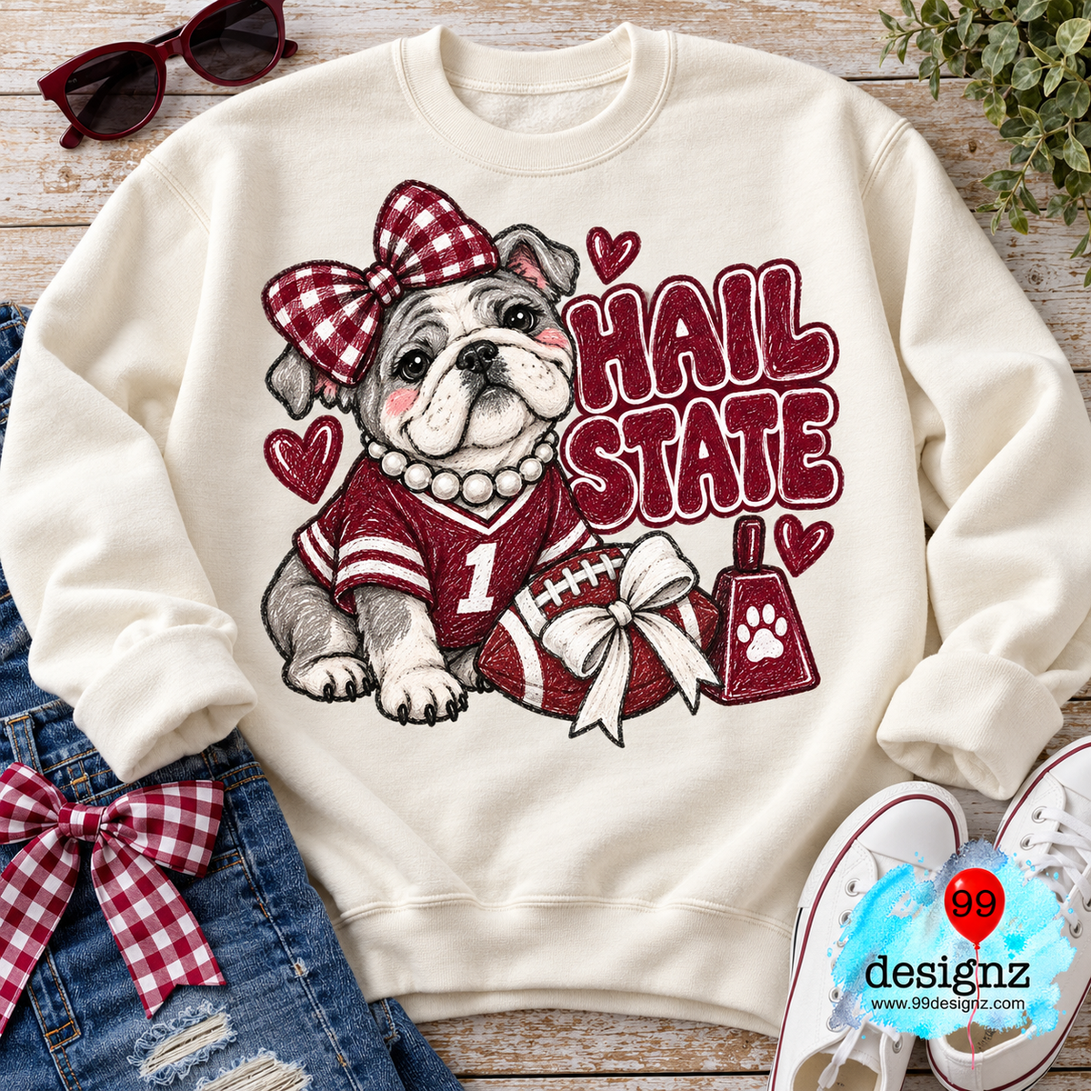 Hail State PNG | Maroon Bulldog Gingham Bow Game Day Design
