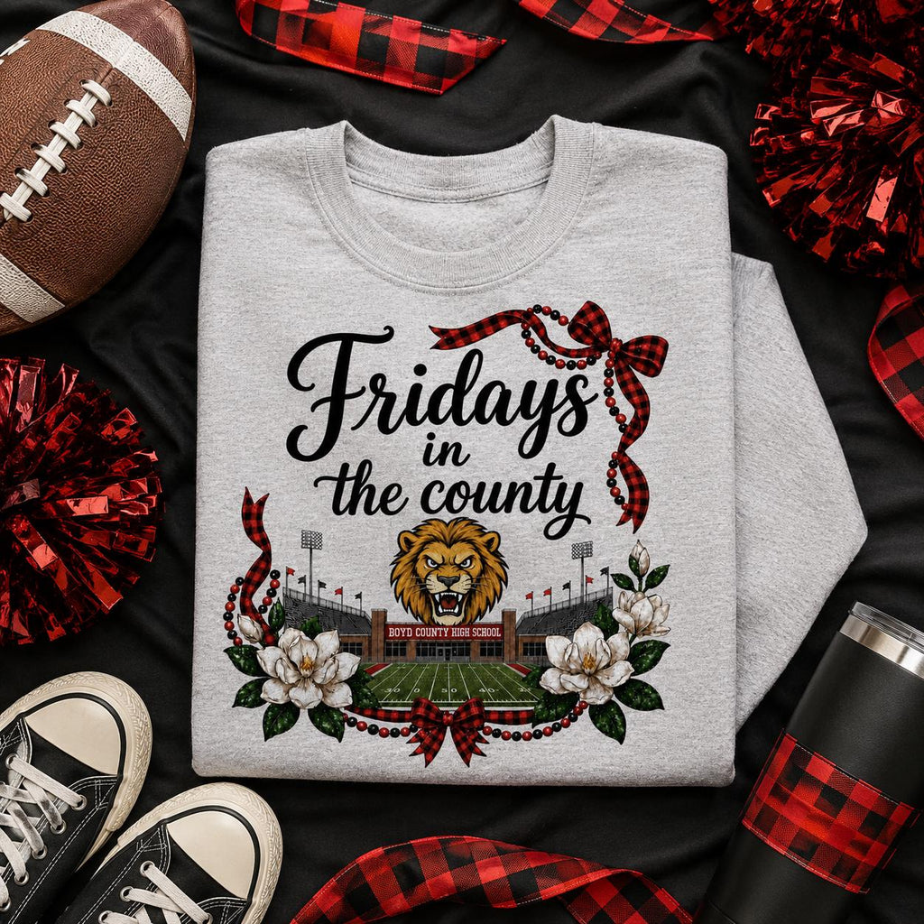 Boyd County Lions PNG, Fridays in the County Football Design, Red Black High School Game Day Download