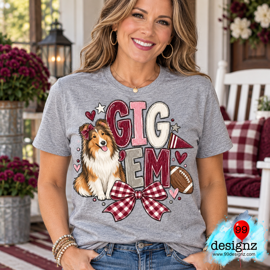 Gig ’Em PNG | Collie Maroon Gingham Bow Game Day Design