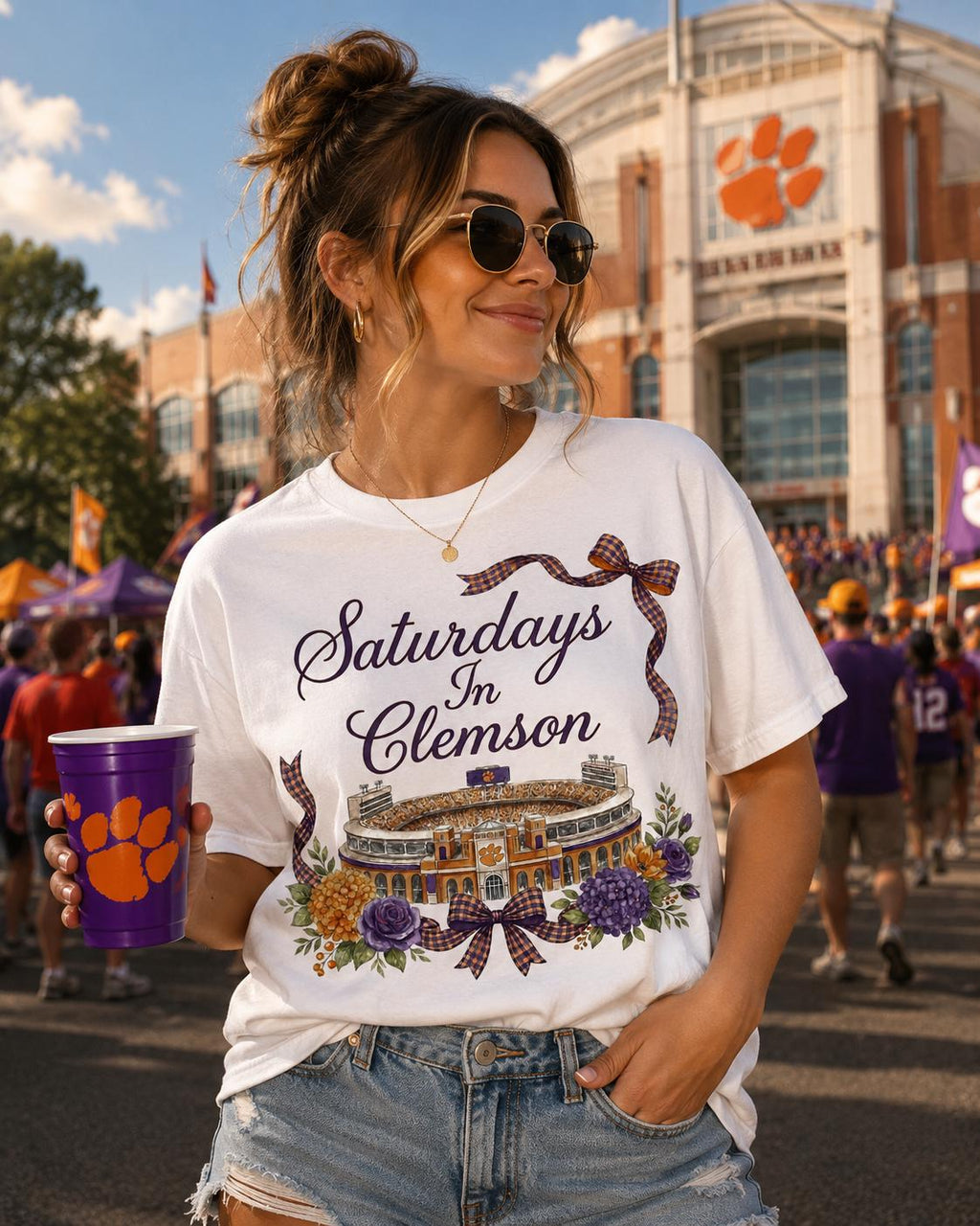 Clemson Stadium Watercolor Art PNG, Game Day Floral Design (Digital Download)