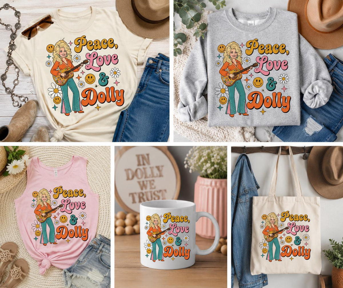 Peace Love Dolly PNG – Retro Country Music Shirt Design | Digital Download