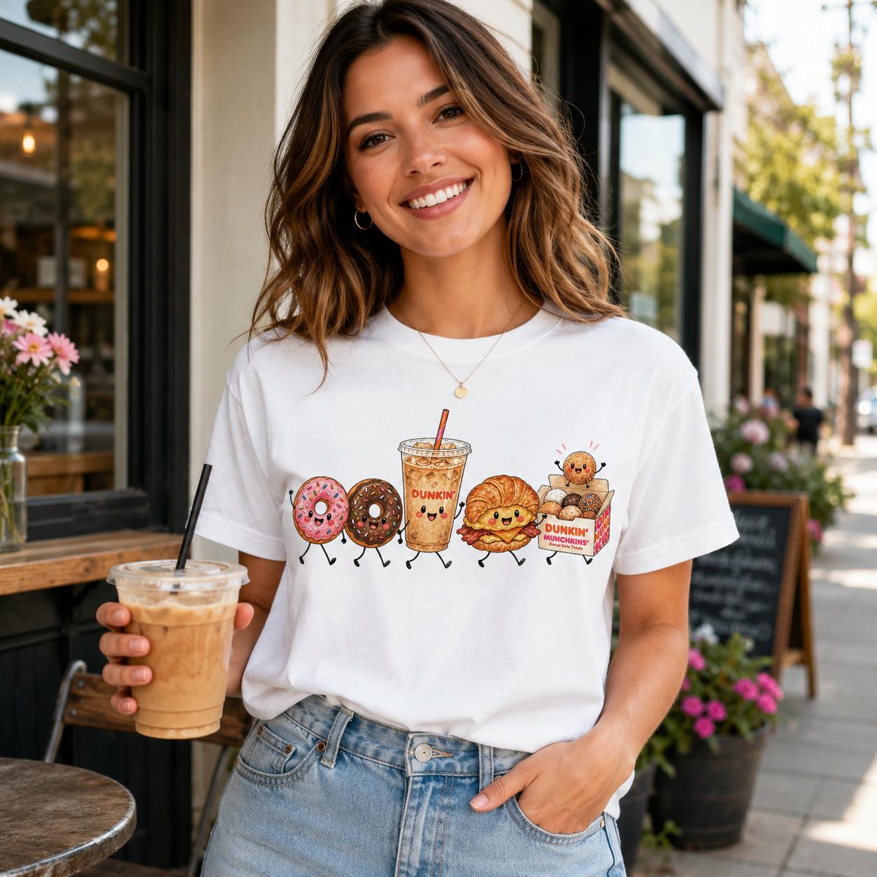 Kawaii Dunkin Inspired PNG, Iced Coffee Donut Croissant Design (Digital Download)