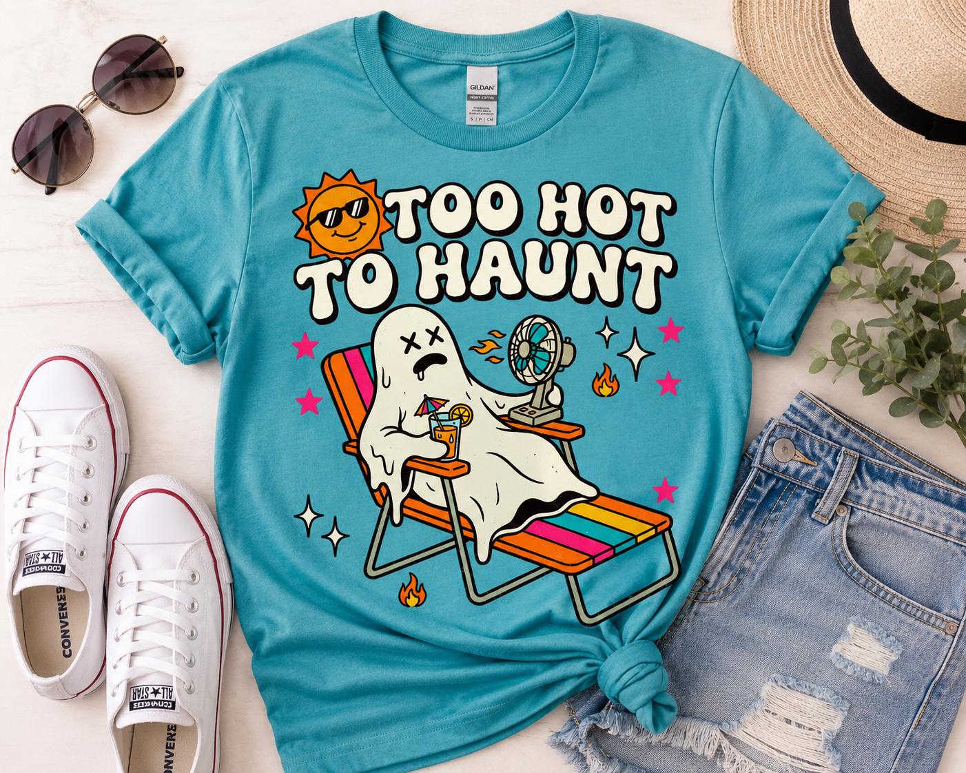 Retro Ghost Summer PNG – Too Hot to Haunt | Funny Halloween Beach Shirt Design | Digital Download