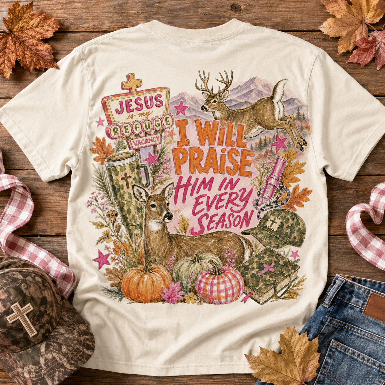 I Will Praise Him In Every Season PNG | Hunting Season Faith Deer Shirt Design | Front & Back Sublimation PNG
