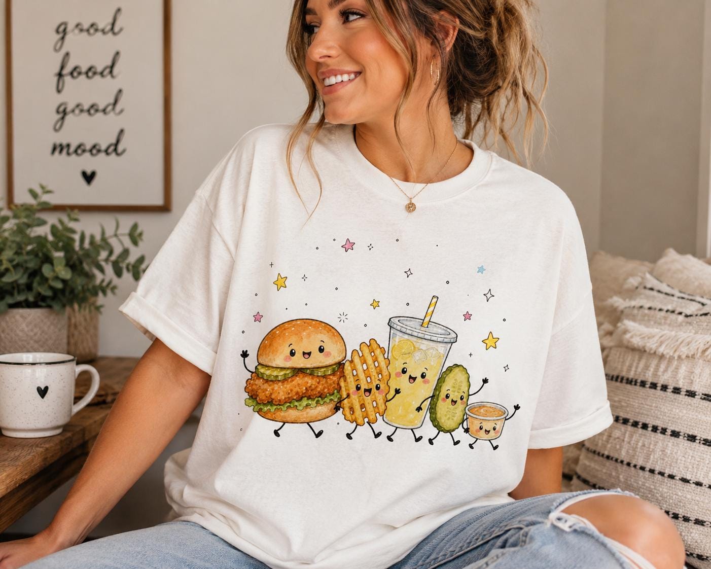 Watercolor Chicken Sandwich PNG, Waffle Fries Lemonade Design (Digital Download)