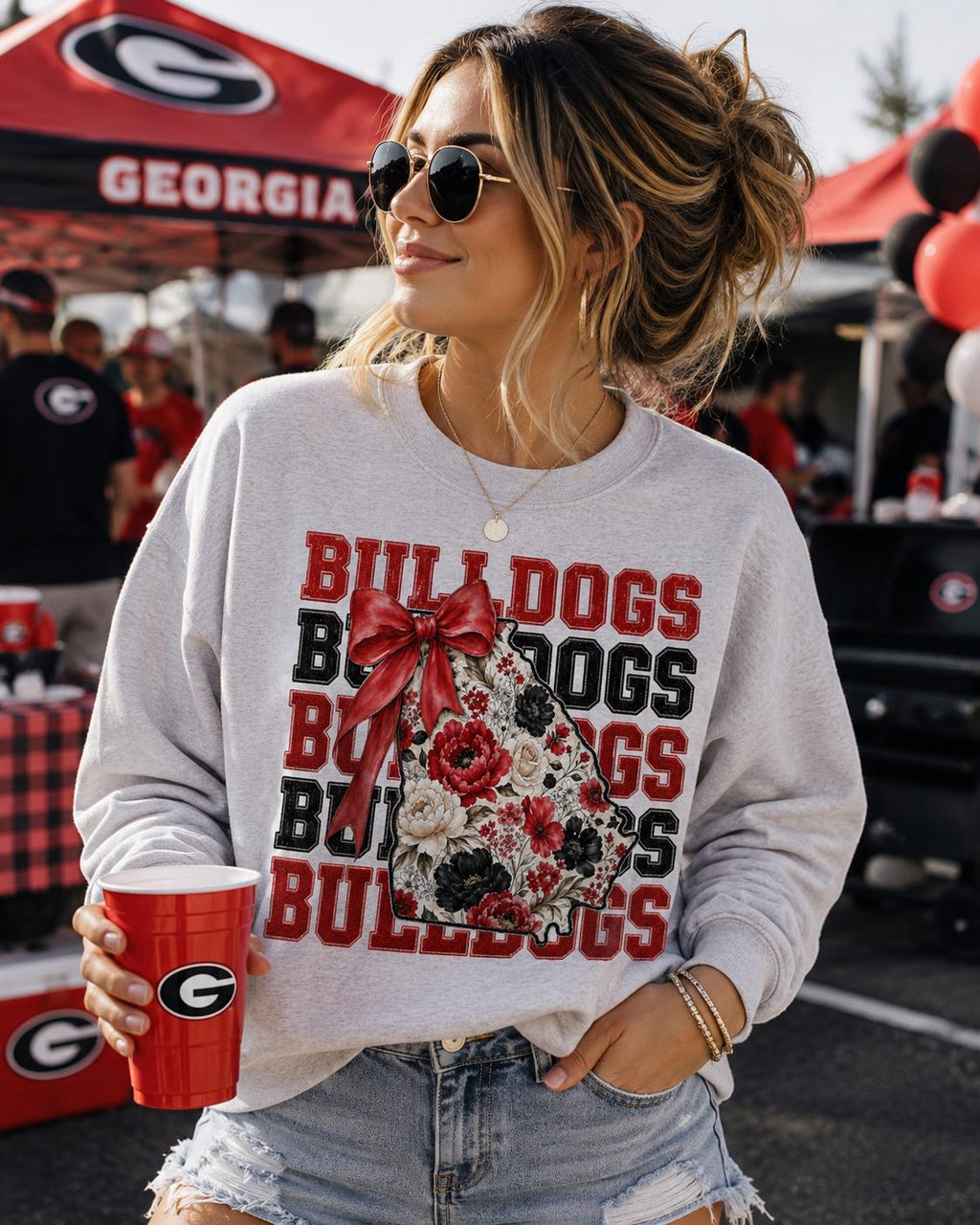 Floral Bulldogs Georgia PNG, Red Bow Game Day Design, Coquette Football Sublimation (Digital Download)
