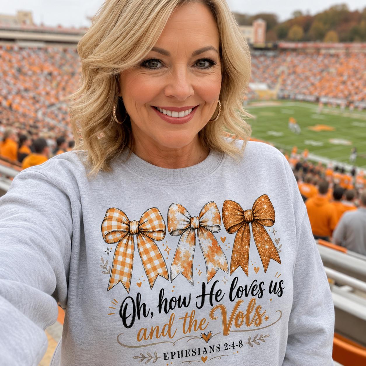 Christian Tennessee Football PNG, Oh How He Loves Us and the Vols, Orange Bow Game Day Design