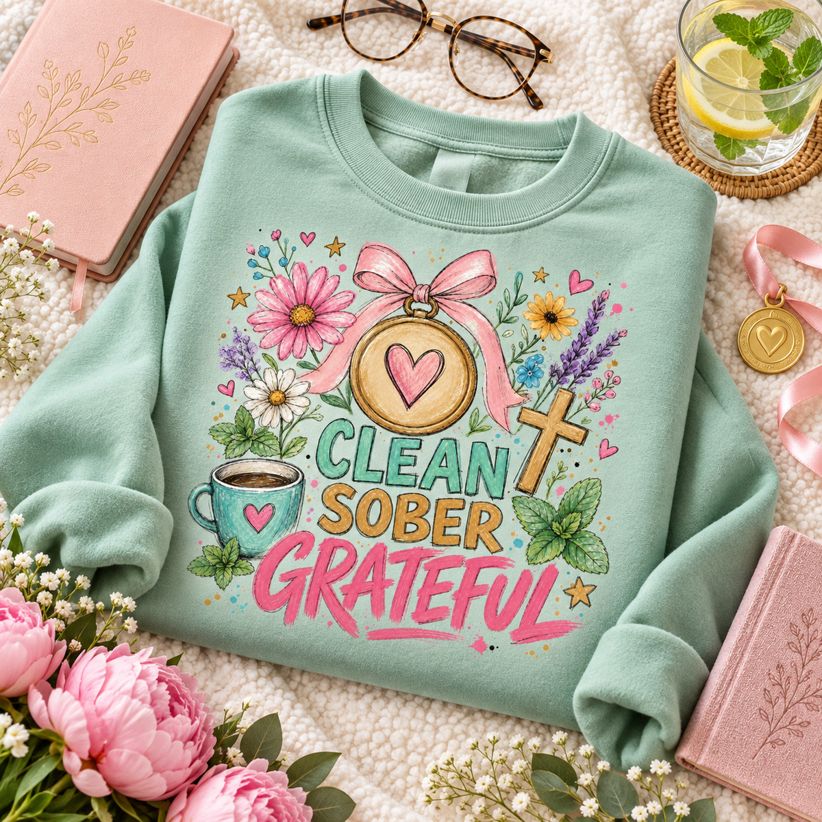 Clean Sober Grateful PNG Design | Sobriety Recovery Digital Download for Sublimation & DTG