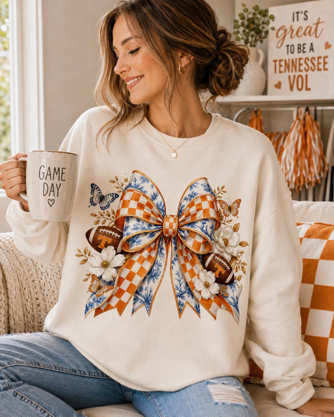 Tennessee Game Day Bow PNG, Orange Checker Blue Toile Football Design (Digital Download)