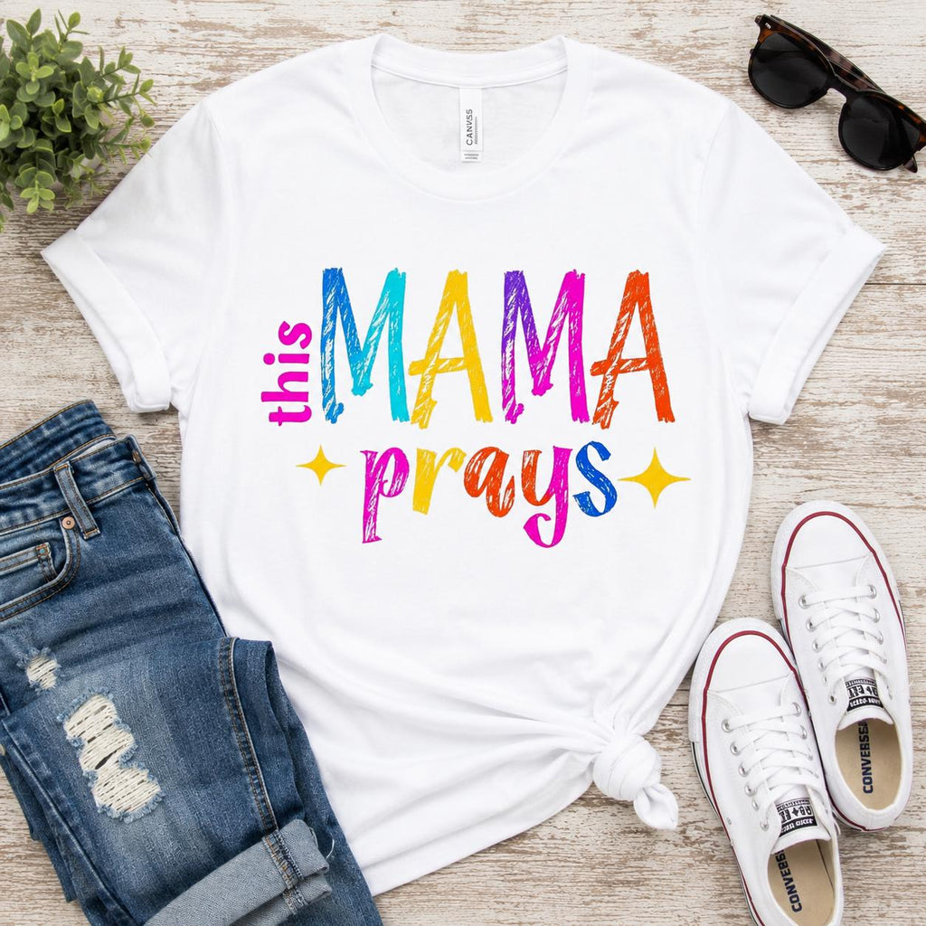 This Mama Prays PNG | Colorful Retro Christian Mom Sublimation Design (Digital Download)
