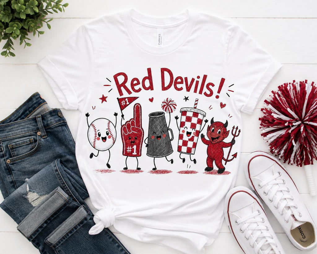 Red Devils Mascot Graphic Tee, School Spirit Football Shirt