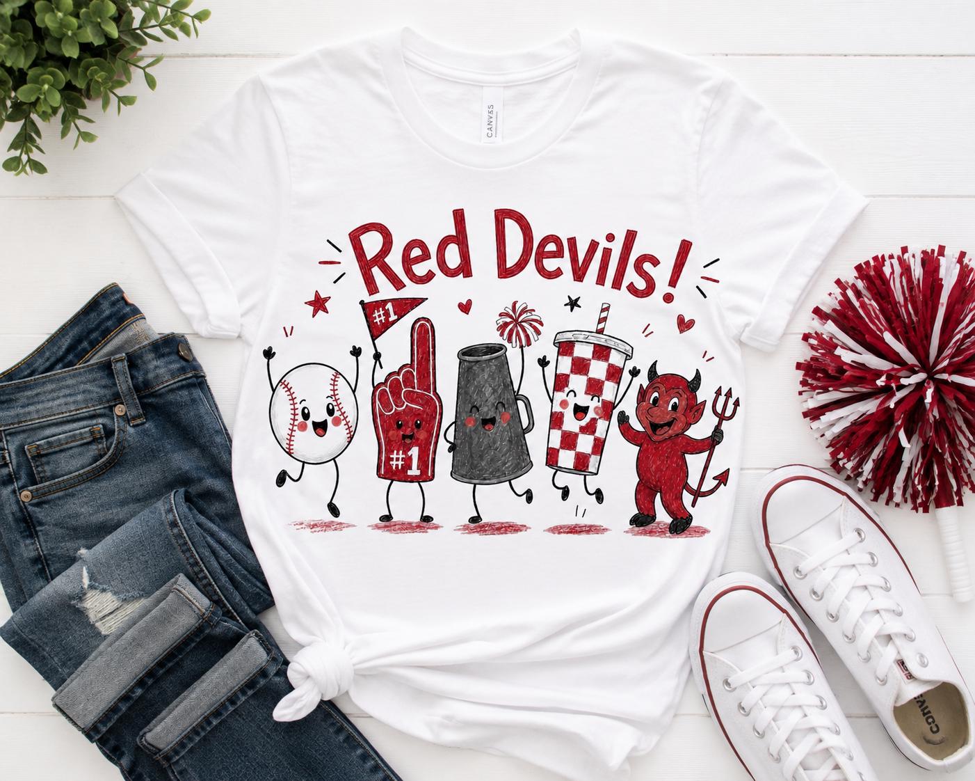 Red Devils Mascot Graphic Tee, School Spirit Football Shirt