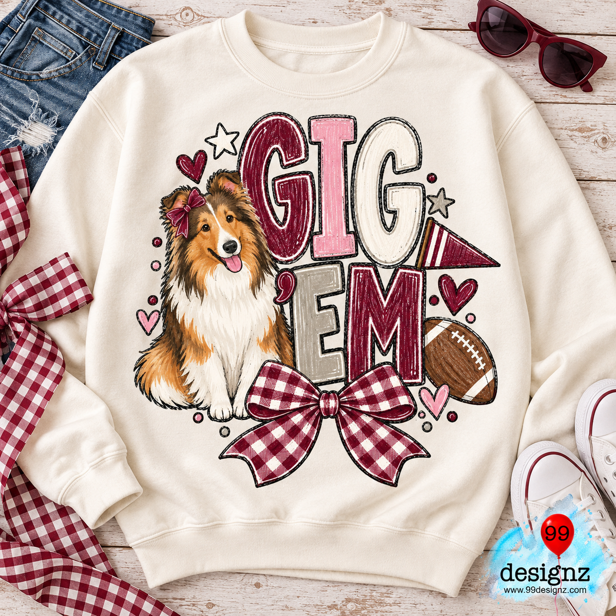 Gig ’Em PNG | Collie Maroon Gingham Bow Game Day Design