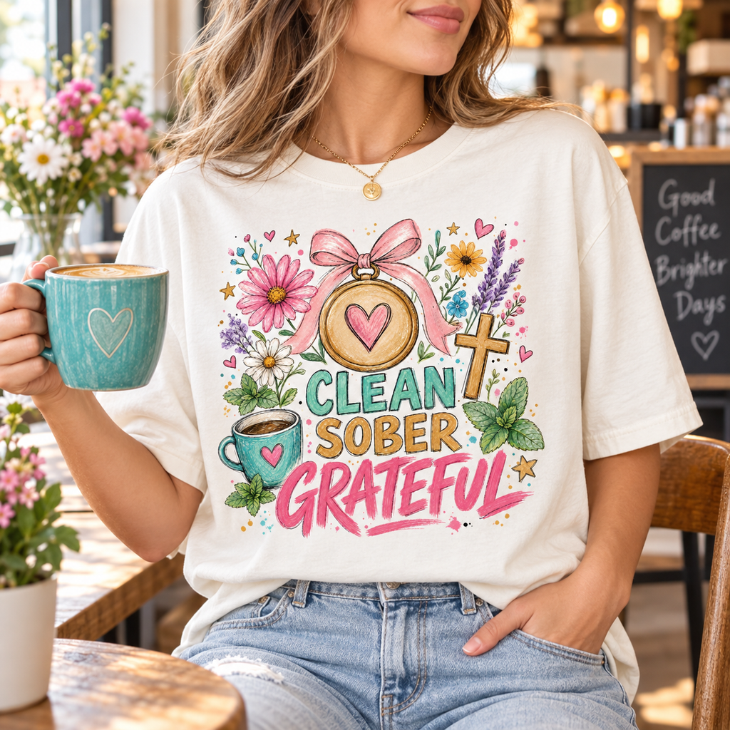 Clean Sober Grateful PNG Design | Sobriety Recovery Digital Download for Sublimation & DTG