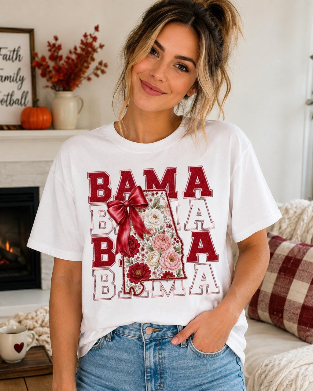 Bama Floral Shirt, Crimson Gold Bow, Southern Game Day Tee, Coquette Tailgate Crewneck