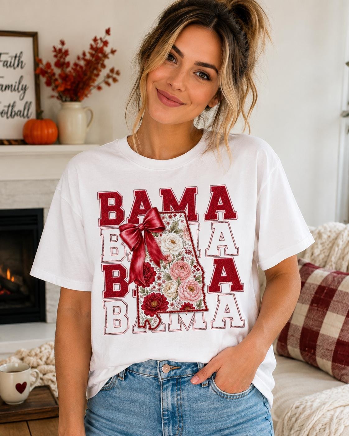 Bama Floral Shirt, Crimson Gold Bow, Southern Game Day Tee, Coquette Tailgate Crewneck