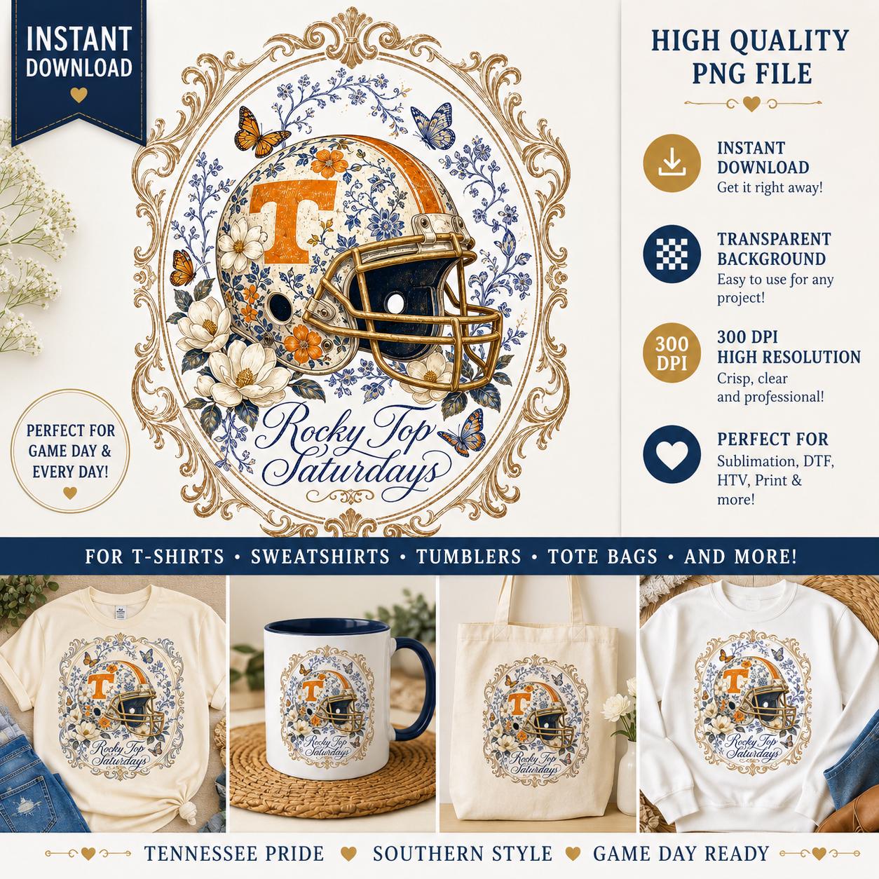 Vintage Floral Tennessee Football Helmet PNG, Rocky Top Game Day Sublimation (Digital Download)