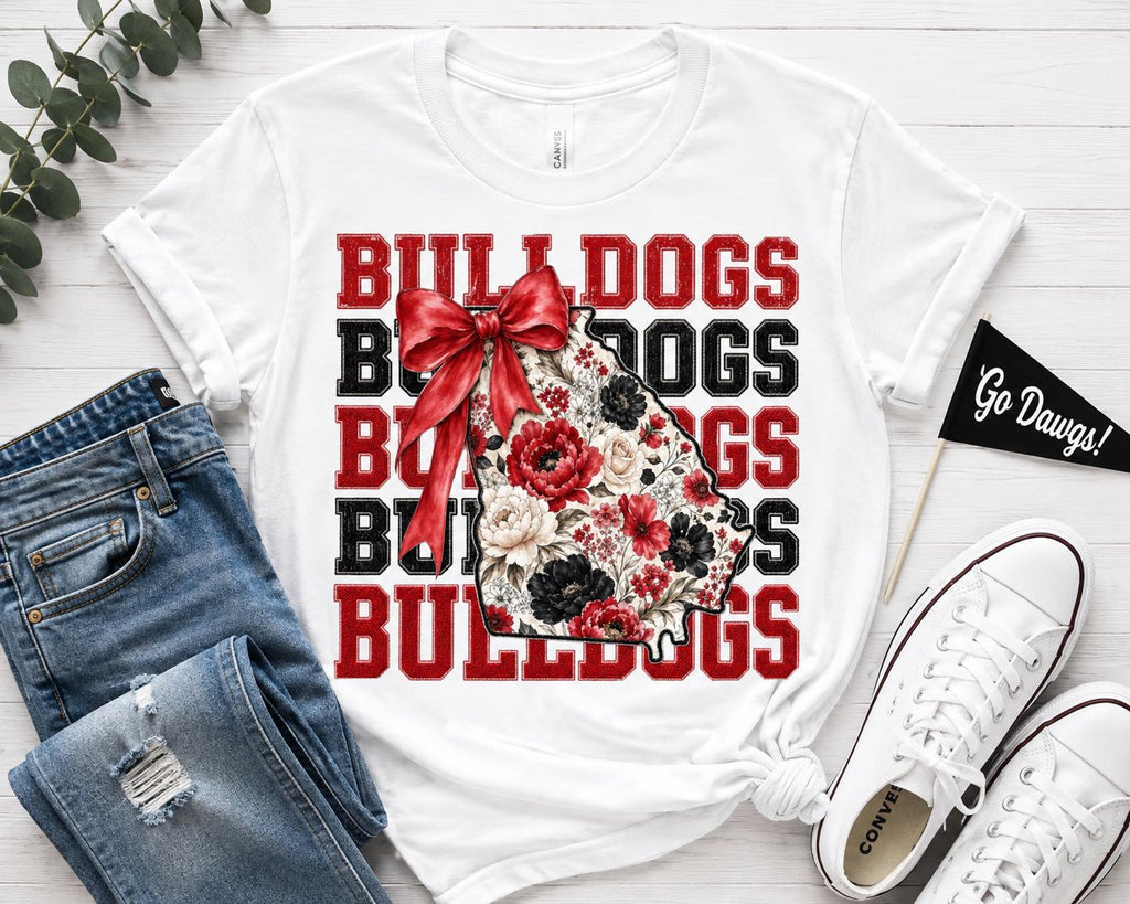 Floral Bulldogs Georgia PNG, Red Bow Game Day Design, Coquette Football Sublimation (Digital Download)