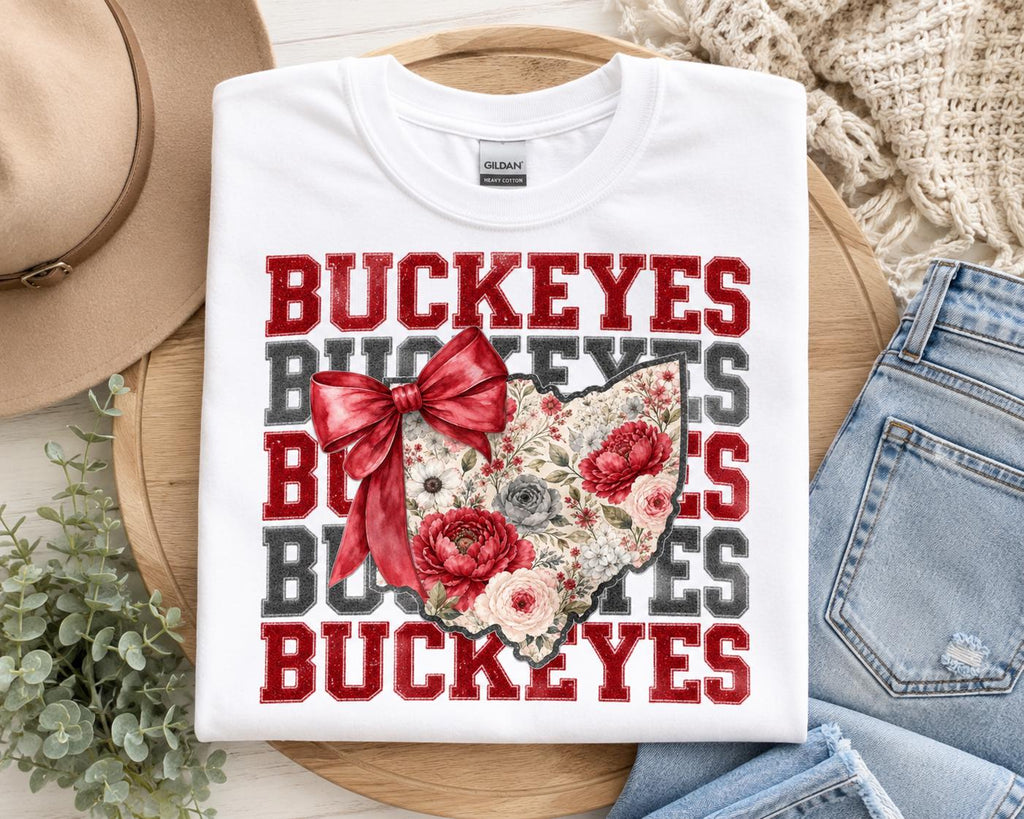 Floral Ohio Silhouette Bow PNG, Buckeyes Game Day Sublimation (Digital Download)