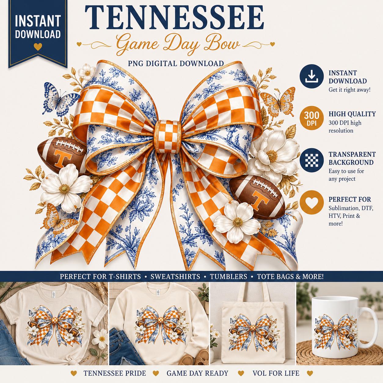 Tennessee Game Day Bow PNG, Orange Checker Blue Toile Football Design (Digital Download)