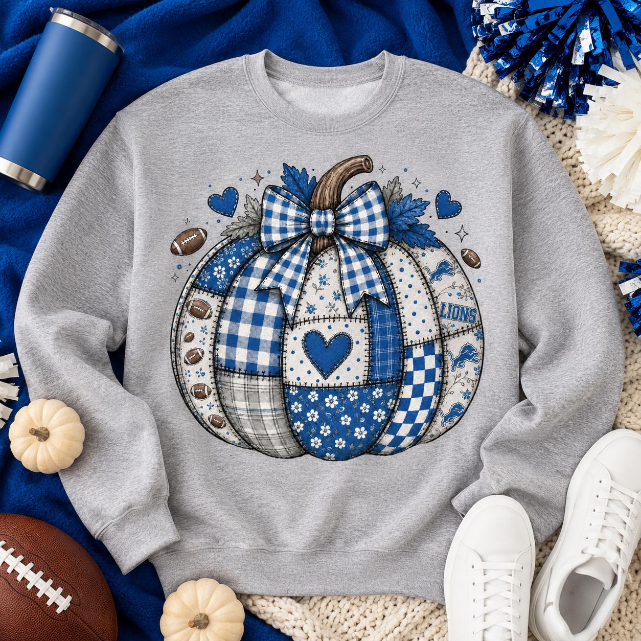 Lions Football Pumpkin PNG, Blue Fall Game Day Design, Football Mom Sublimation, Patchwork Pumpkin Digital Download