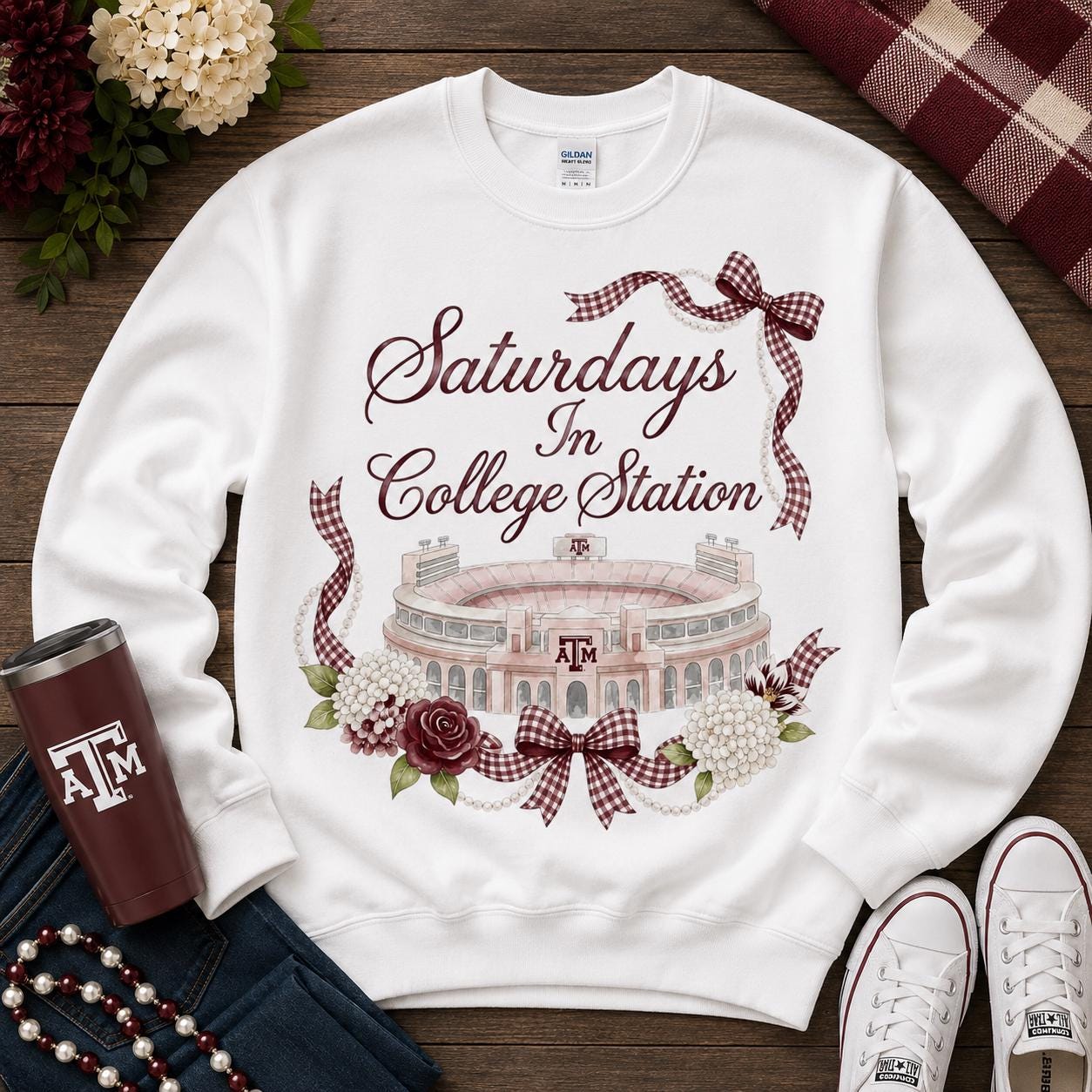 Texas A&M Stadium Watercolor PNG, Maroon Gingham Bows (Digital Download)