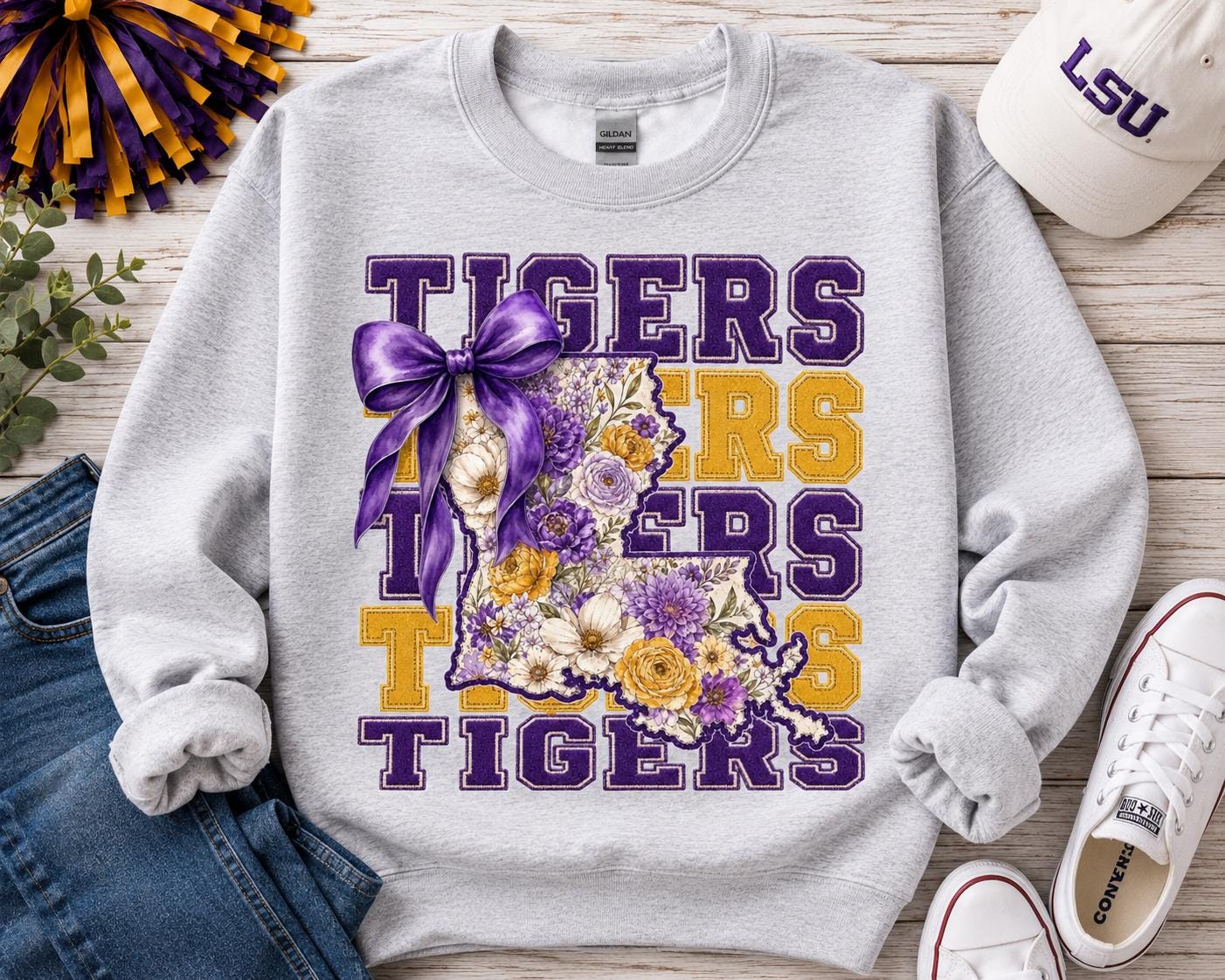 Tigers Floral Louisiana PNG, Purple Gold Game Day Graphic (Digital Download)