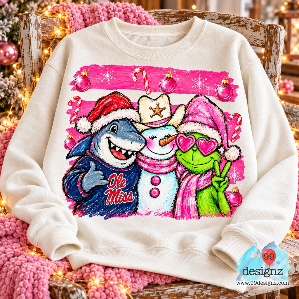 Cream sweatshirt mockup on a chair showing Ole Miss Christmas PNG artwork with a shark, snowman, and pink holiday accents.
