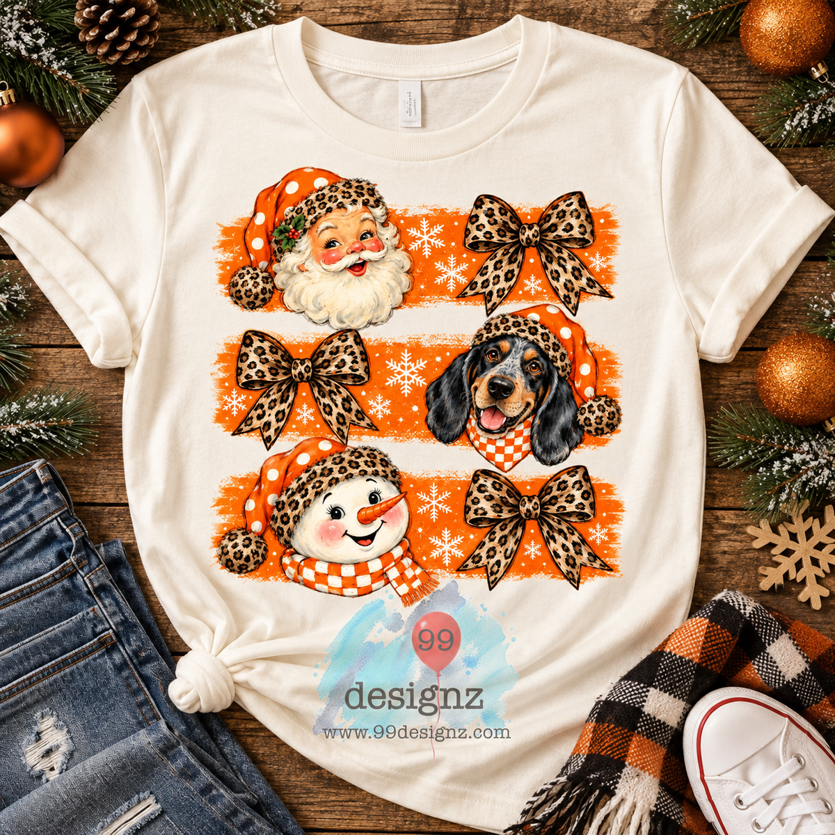Orange Leopard Christmas PNG | Santa, Dog & Snowman Bow Design