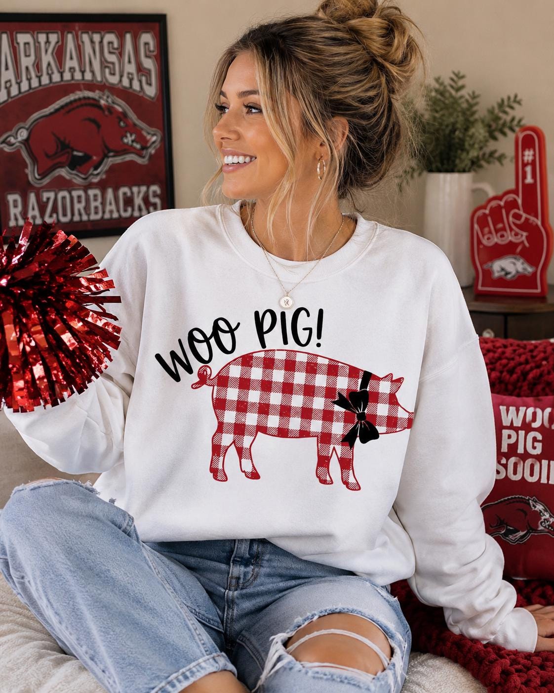 Woo Pig PNG, Red Gingham Pig, Arkansas Football Game Day Design (Digital Download)