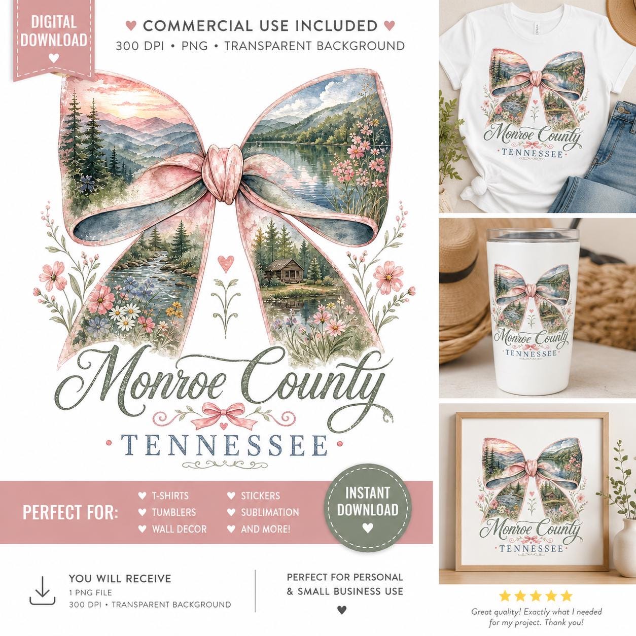 Monroe County Tennessee Bow PNG, Watercolor Smoky Mountains Design (Digital Download)