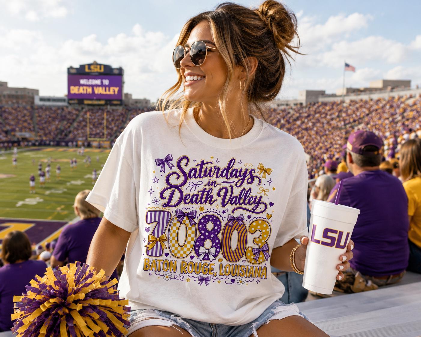 Saturdays in Death Valley PNG, LSU Football Shirt Design, Baton Rouge Louisiana 70803 PNG, Coquette Game Day, Tiger Football Sublimation