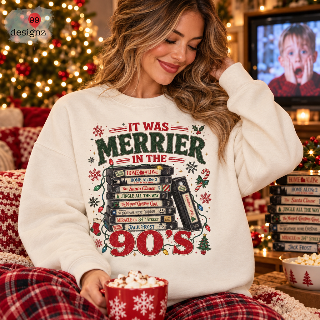 Merrier in the 90s Christmas PNG Digital Download | Retro Holiday Design