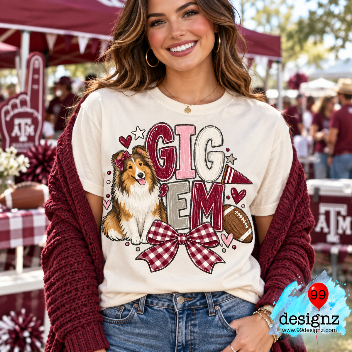 Gig ’Em PNG | Collie Maroon Gingham Bow Game Day Design