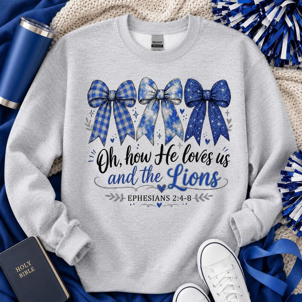 Lions Christian PNG, Oh How He Loves Us and the Lions, Blue Football Bow PNG, Christian Game Day Sublimation Design