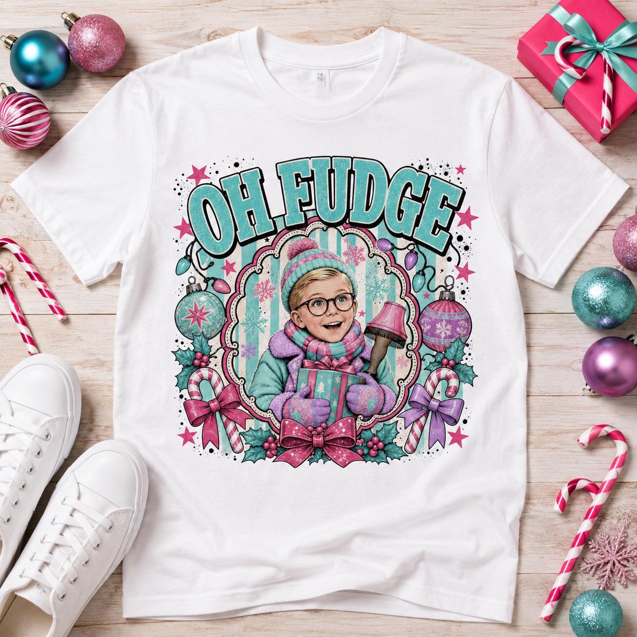 Oh Fudge Christmas PNG, Funny Retro Holiday Movie Shirt Design, Pink Teal Leg Lamp Sublimation Download