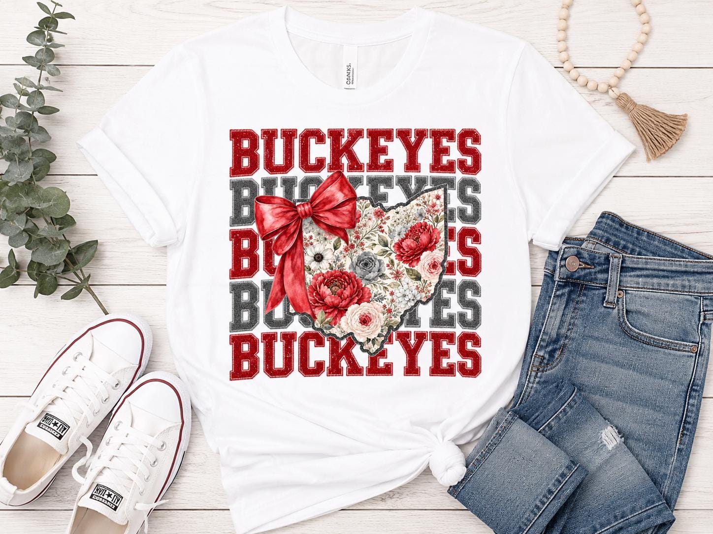 Floral Ohio Silhouette Bow PNG, Buckeyes Game Day Sublimation (Digital Download)