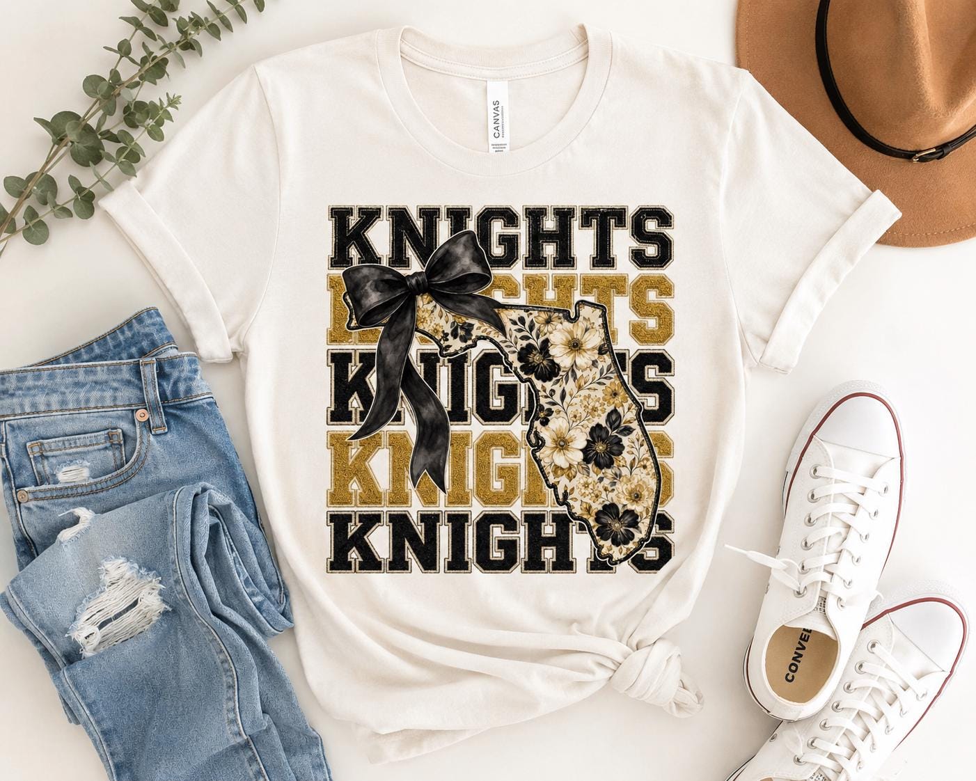 Knights Floral Florida PNG, Black Gold Game Day Sublimation (Digital Download)