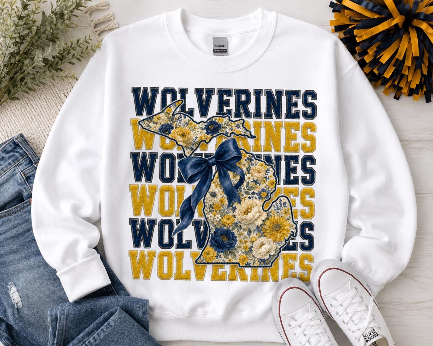 Wolverines Floral Michigan PNG, Navy Gold Game Day Shirt Design (Digital Download)