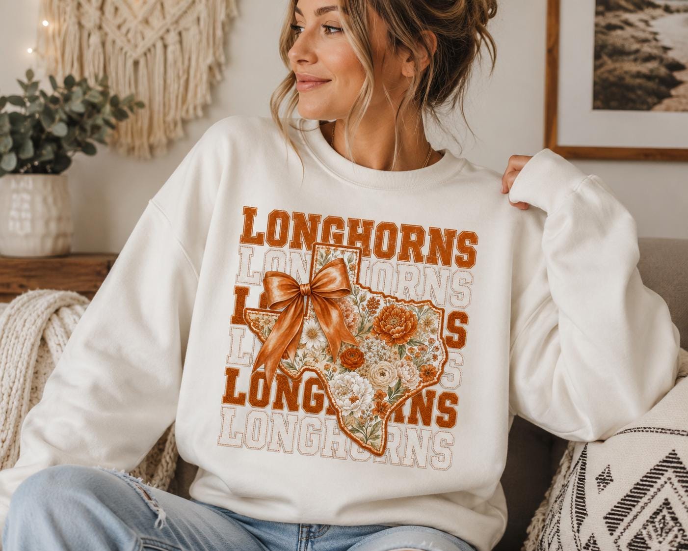 Longhorns Floral Bow PNG, Texas Game Day Sublimation, Western Spirit Design (Digital Download)