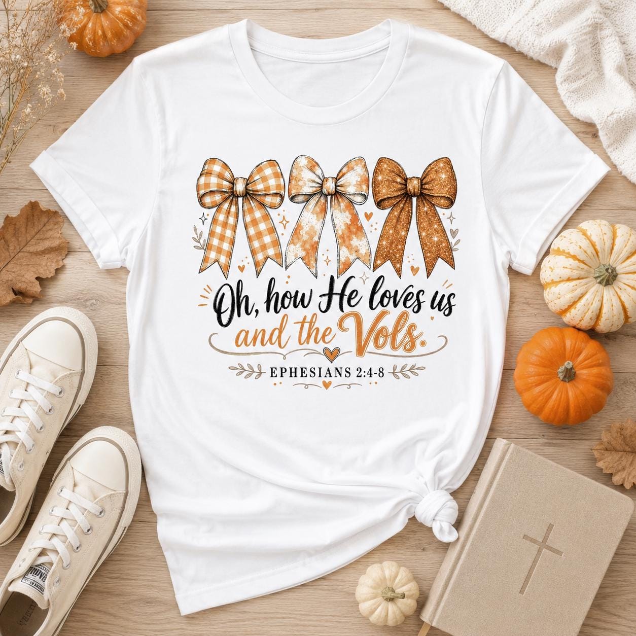 Christian Tennessee Football PNG, Oh How He Loves Us and the Vols, Orange Bow Game Day Design