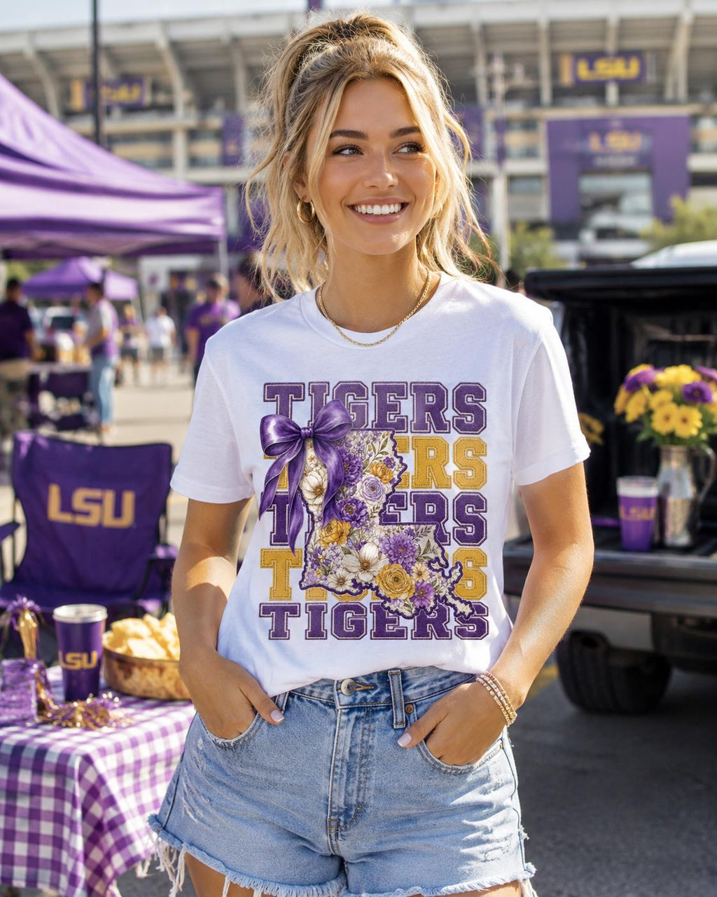 Tigers Floral Louisiana PNG, Purple Gold Game Day Graphic (Digital Download)