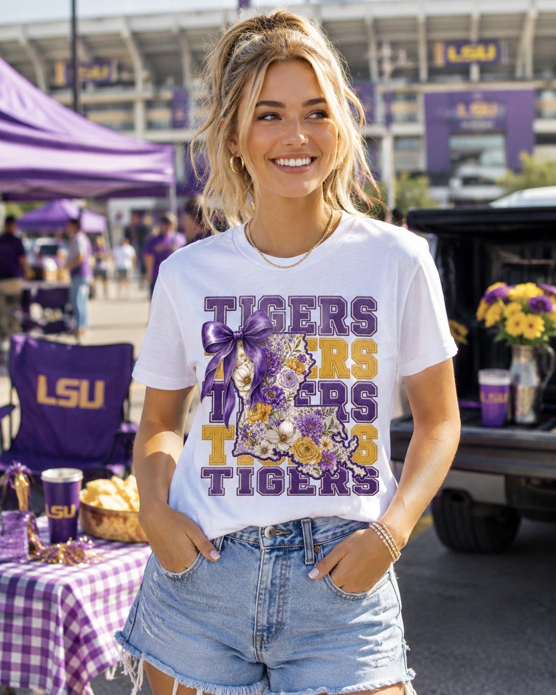 Tigers Floral Louisiana PNG, Purple Gold Game Day Graphic (Digital Download)