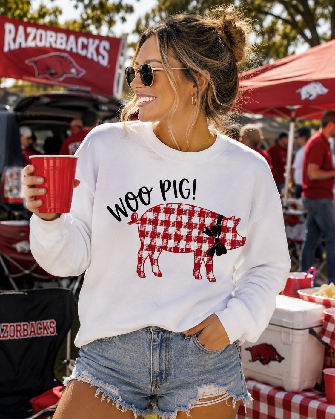 Woo Pig PNG, Red Gingham Pig, Arkansas Football Game Day Design (Digital Download)