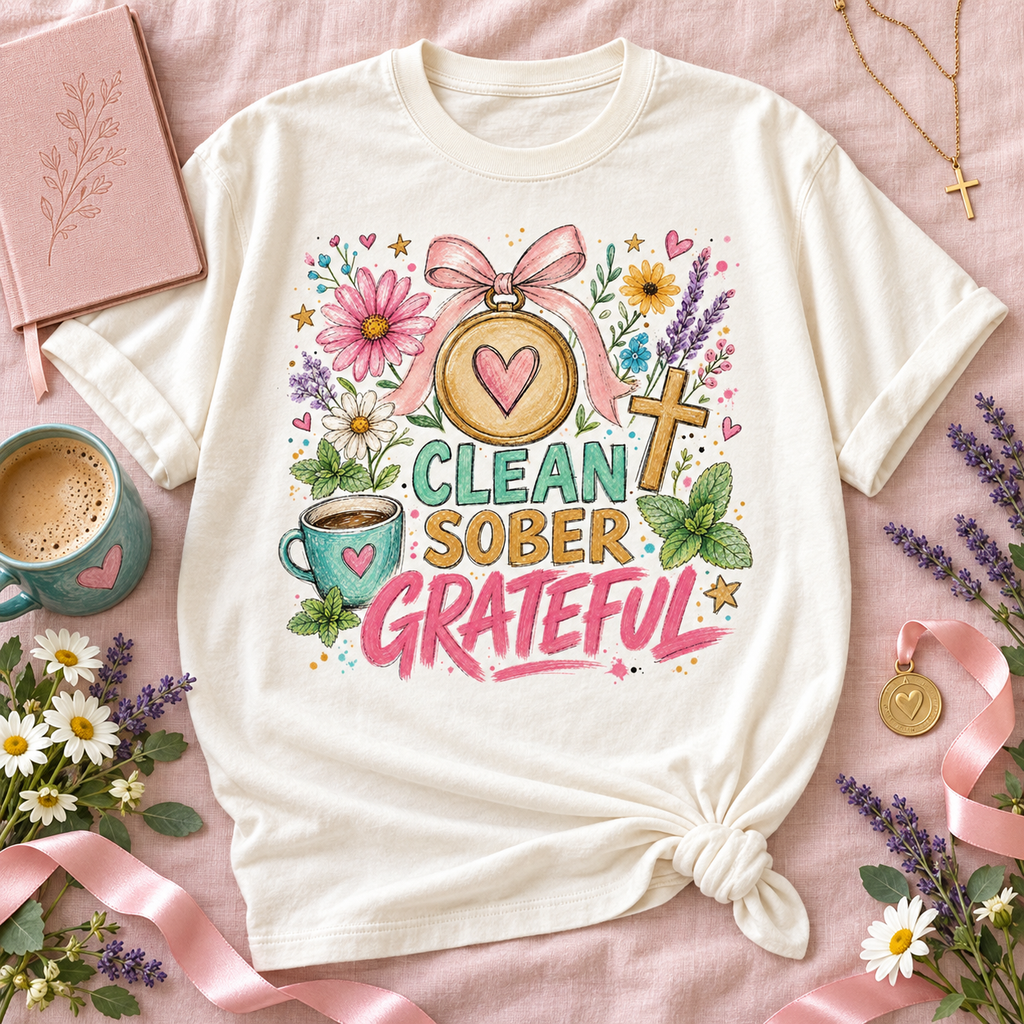 Clean Sober Grateful PNG Design | Sobriety Recovery Digital Download for Sublimation & DTG