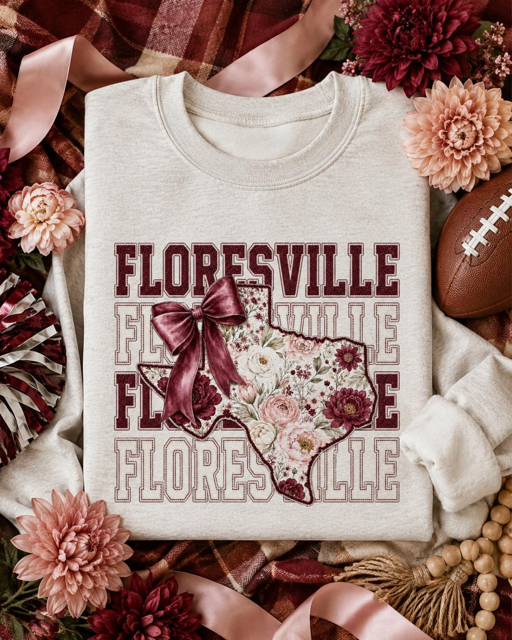 Floresville Texas PNG, Floral School Spirit Design, Maroon Game Day, Coquette Bow (Digital Download)