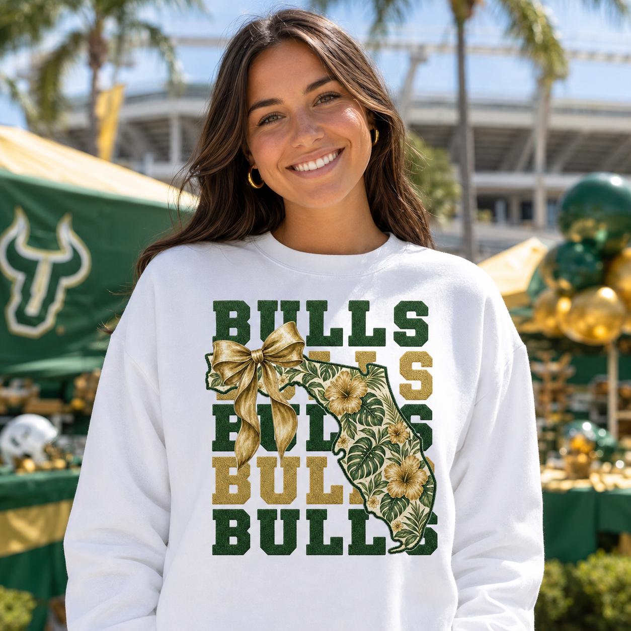 Florida Bulls PNG, USF Game Day Design, Green Gold Football Shirt Sublimation, Tropical Coquette Bow Digital Download