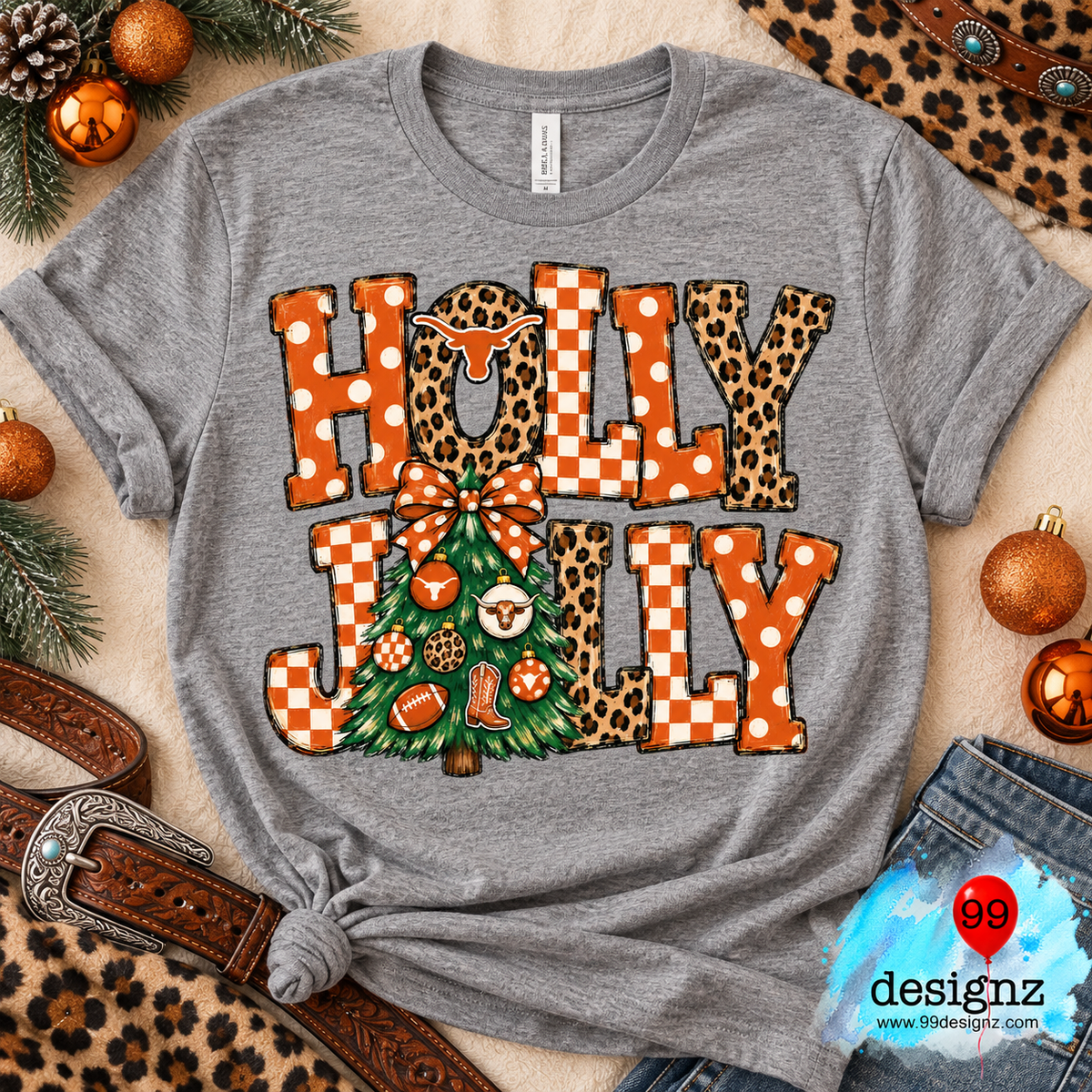 Holly Jolly Longhorn Christmas PNG | Orange Leopard Tree Design