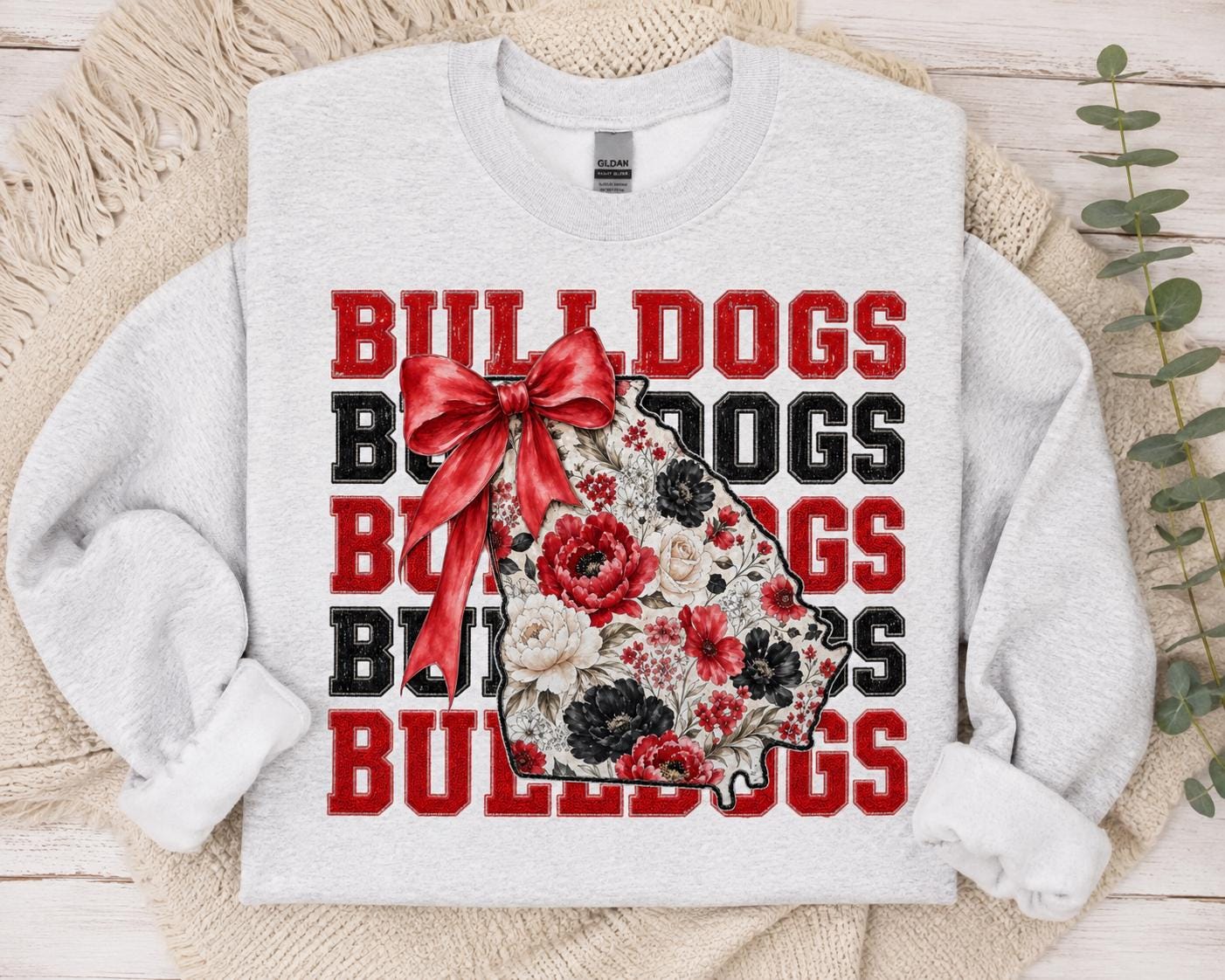 Floral Bulldogs Georgia PNG, Red Bow Game Day Design, Coquette Football Sublimation (Digital Download)