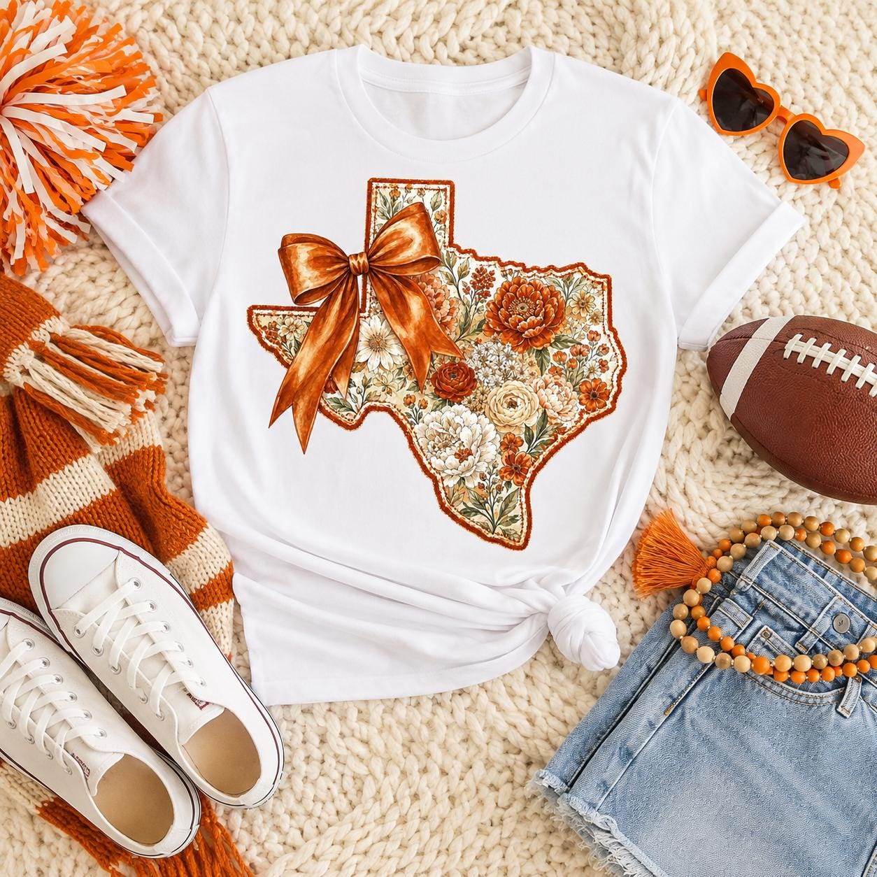 Floral Texas Bow PNG, Burnt Orange State Design (Digital Download)